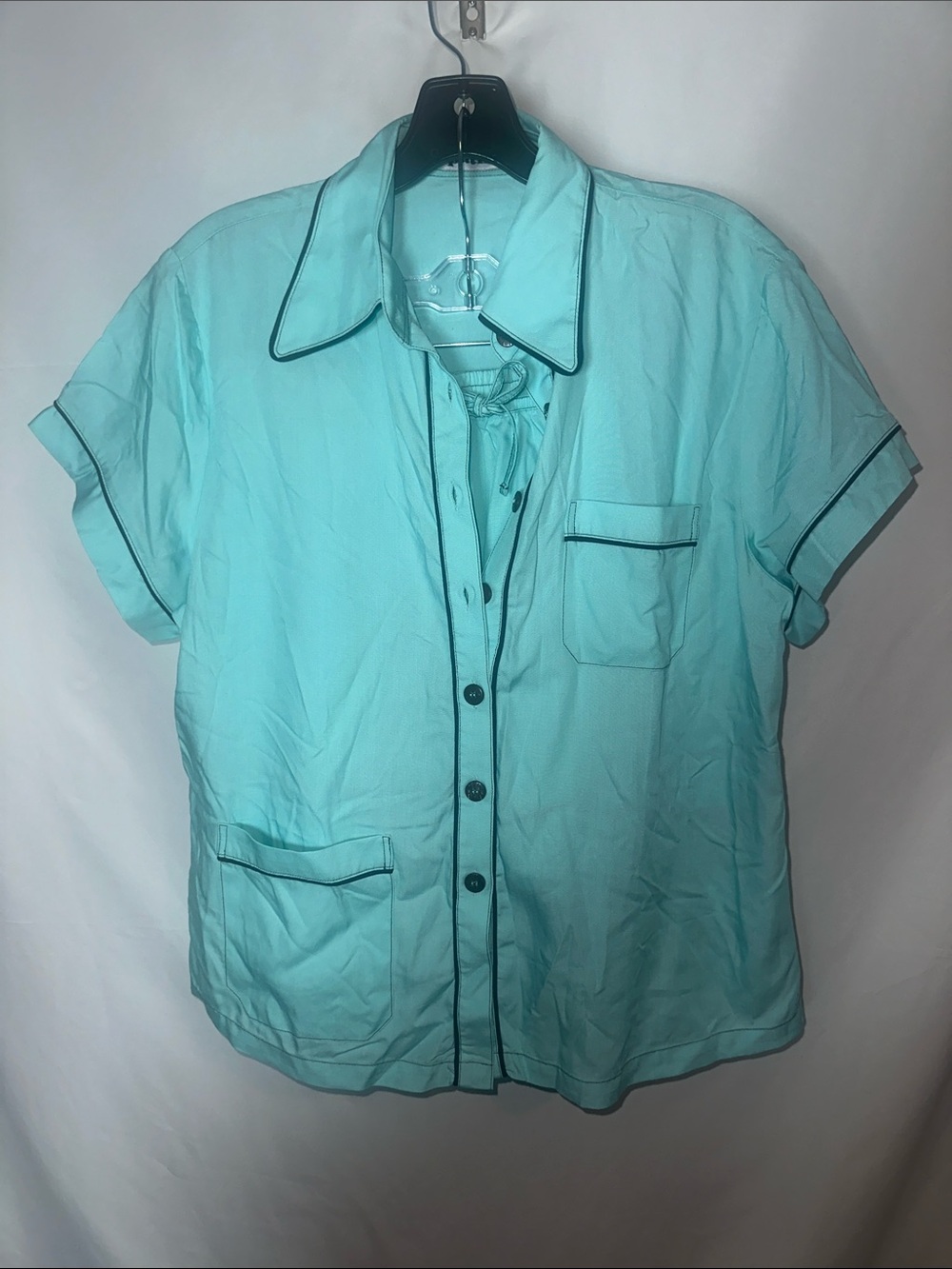 Short-Sleeve Turquoise Pajama Top with Contrast Piping